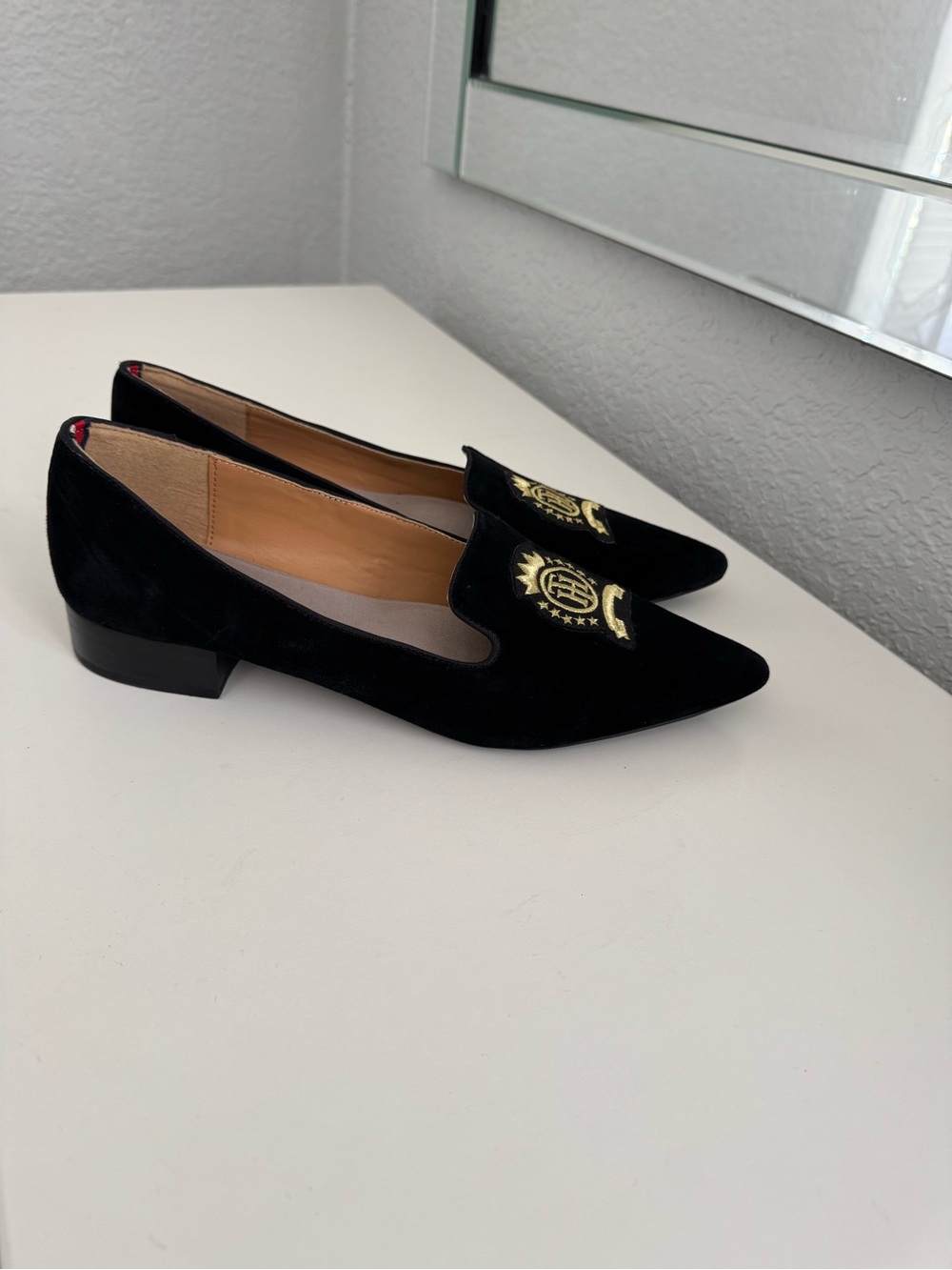 Tommy Hilfiger Black Velvet Pointed Loafers with Gold Crest